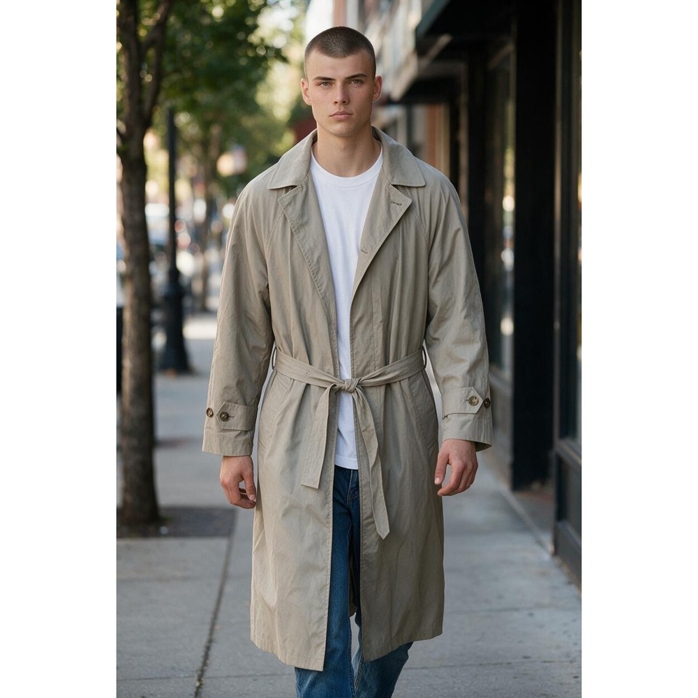 London Fog Trench Coat Mens 38R Khaki Belted Lined Old Money Classic Prep